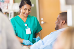 Medical assistant preparing for phlebotomy 