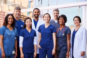 Medical team standing outside hospital