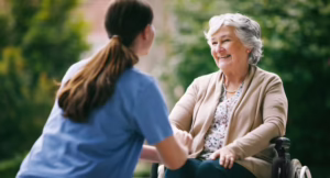 LPN with patient outdoors