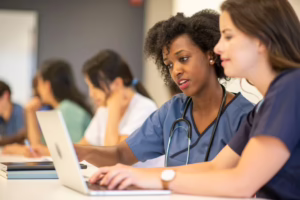 Nursing students studying with laptop