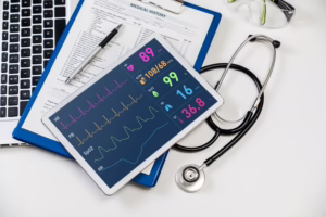Clipboard, tablet, stethoscope, and nursing equipment 