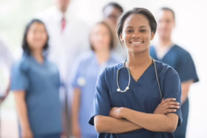 Smiling class of practical nursing trainees